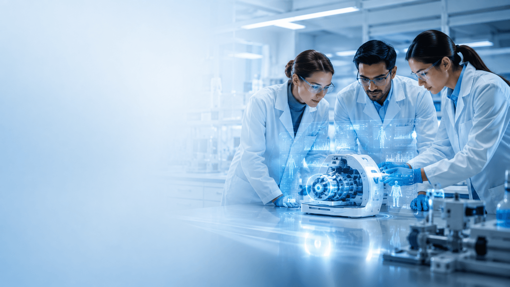 Engineers reviewing a medical device's diagnostics on-screen in a lab